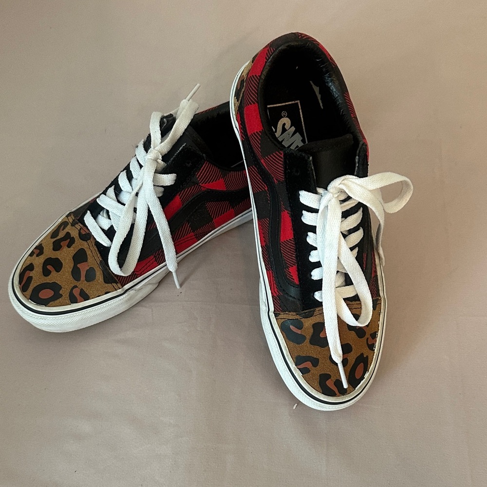 Vans Red & Black Buffalo Plaid Sneakers with Leopard Toe
